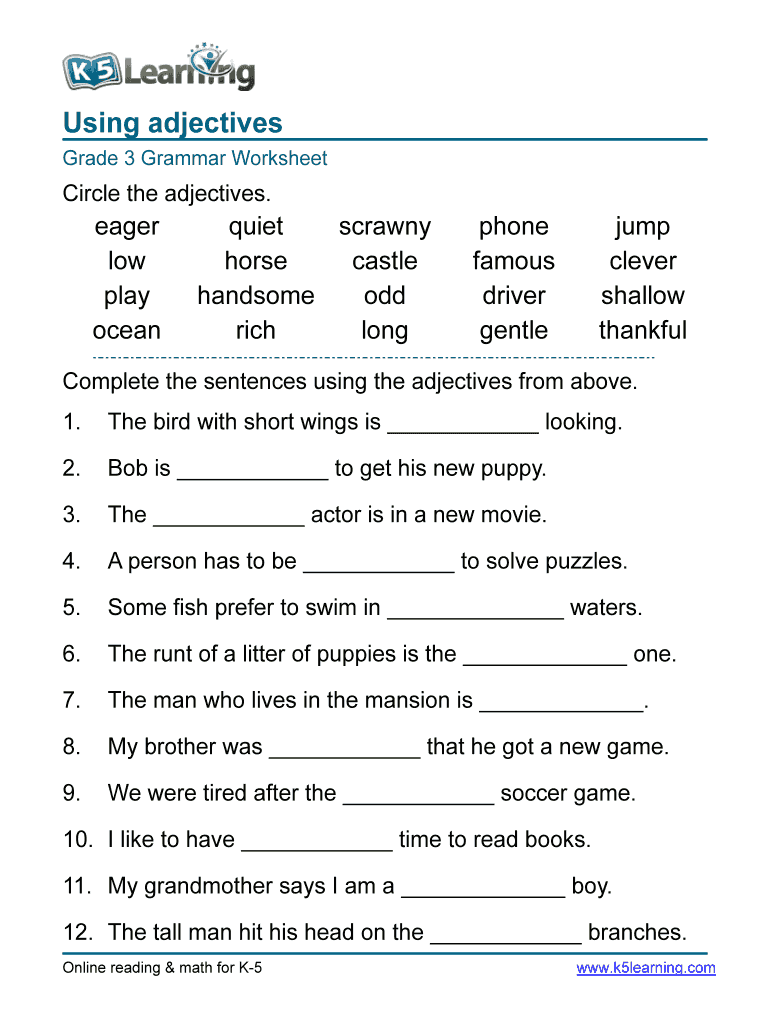 Worksheet Adjectives Fill Online Printable Fillable Blank PdfFiller